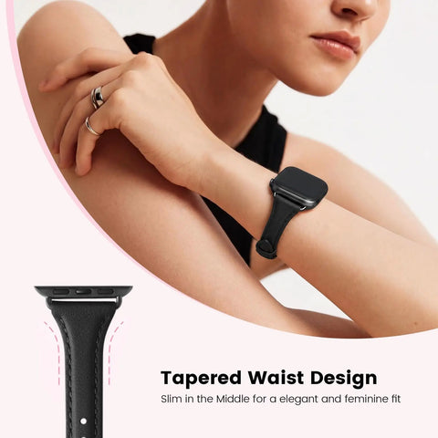 Killer Genuine Leather Watch Strap Compatible With Apple Watch For Women shown on wrist, featuring a tapered waist design and sleek clasp.