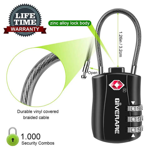 Image of TSA Approved Luggage Lock With 3-Digit Keyless Dial Re-Settable Go-To Padlock, features zinc alloy body and braided cable.