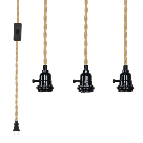 Triple Plug In Pendant Light Kit With 23 Ft Hemp Rope Cord Switch For Farmhouse Style Hanging Light DIY Fixture UL Certified