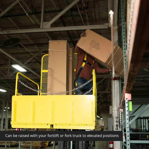 Rock Solid 54 Inch Wide Mobile Work Platform Safety Cage For Forklifts And Fork Trucks Job Ready Rig for elevated stock pickup.