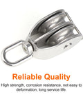 M50 Double Sheave Pulley Block 304 Stainless Steel 2 Pack with Swivel Hook for heavy-duty lifting, close-up view