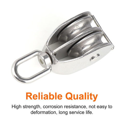 M50 Double Sheave Pulley Block 304 Stainless Steel 2 Pack with Swivel Hook for heavy-duty lifting, close-up view