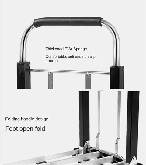 Heavy Duty Folding Hand Truck With Telescoping Lever And Hollow Platform Cart For Home And Work Multiuse Utility Wagon With Foldable Handle Rugged Rubber Wheels High Load Capacity Ergonomic EVA Armrests Durable Silver Finish, close-up of EVA armrest and folding handle