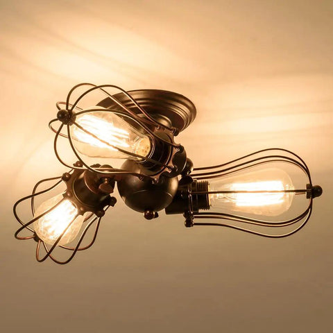 Vintage Industrial Ceiling Light With Metal Wire Cage Shade, Adjustable Socket, Semi Flush Mount Rustic Lamp Fixture