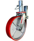 Heavy Duty 8X2 Inch Red Polyurethane Scaffold Caster With Tough Zinc Frame And Reliable Locking Brakes side view showing smooth rolling wheel.