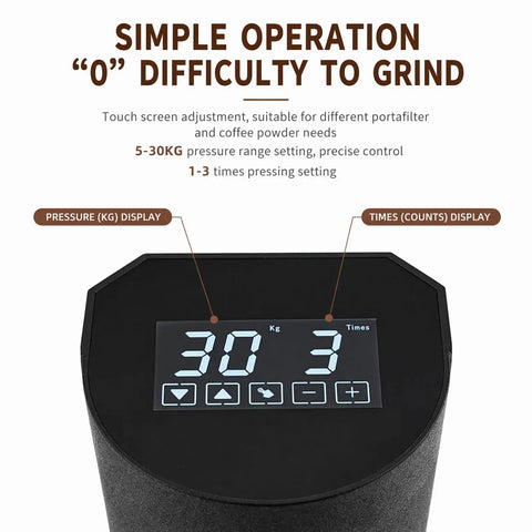 Top Rated 58mm Espresso Tamper Featuring Touch Sensor Screen And Fully Adjustable Pressure Dial displaying pressure and times settings.