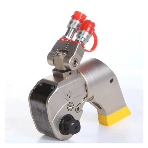 Rock Solid Hydraulic Torque Wrench With Anti Corrosion Alloy And Square Drive angled view with red fittings and yellow base.
