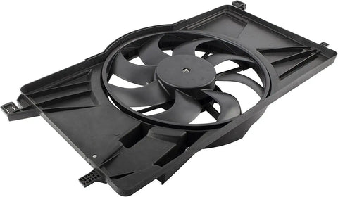 Premium Grade Radiator And AC Condenser Cooling Fan Assembly For Ford Focus 2012 To 2018 With 2.0L Motor showing the fan and housing design.