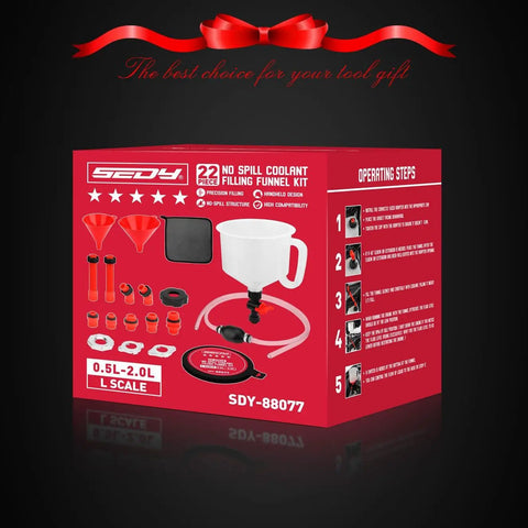 22 Piece No Spill Coolant Filling Funnel Kit With Siphon Hose Pump and Universal Radiator Refill Set displayed in packaging with tools for maintenance.