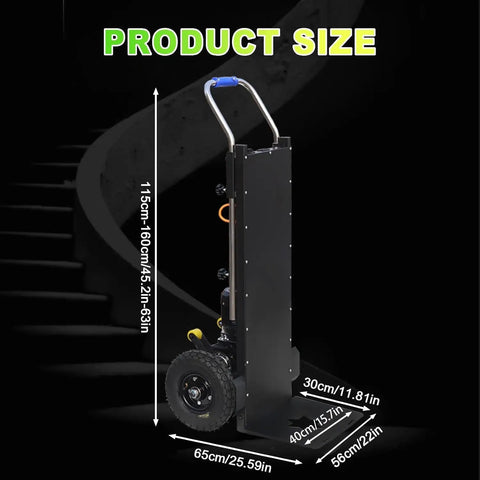 Upgrade Your Moves With This Heavy Duty Electric Stair Climbing Dolly Cart, showing dimensions on a black background.