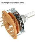 Side view of 2 Pole 3 Position Rotary Switch Band Selector, 1 Deck, 8 Pins, 9mm Mounting Hole, 6mm Shaft, 14mm Shaft Length.