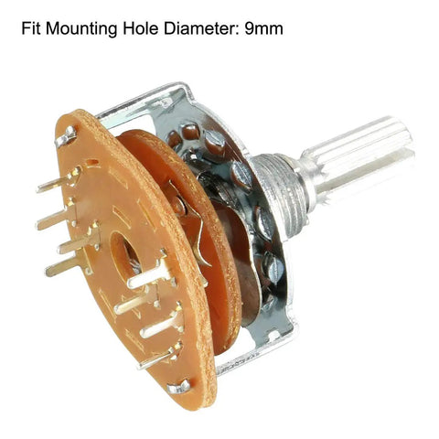 Side view of 2 Pole 3 Position Rotary Switch Band Selector, 1 Deck, 8 Pins, 9mm Mounting Hole, 6mm Shaft, 14mm Shaft Length.