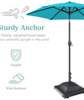 Fillable Mobile Umbrella Base With Four Wheels And Locks Beefy Heavy Duty Square Stand For Patio And Deck 120lb Capacity Sand Weight Easy Mobility Wind Resistant Design Black showcasing durability and wind resistance.