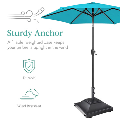Fillable Mobile Umbrella Base With Four Wheels And Locks Beefy Heavy Duty Square Stand For Patio And Deck 120lb Capacity Sand Weight Easy Mobility Wind Resistant Design Black showcasing durability and wind resistance.