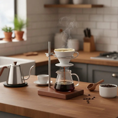 Premium Solid Wood Pour Over Stand with dripper and glass carafe brewing fresh coffee on kitchen counter.