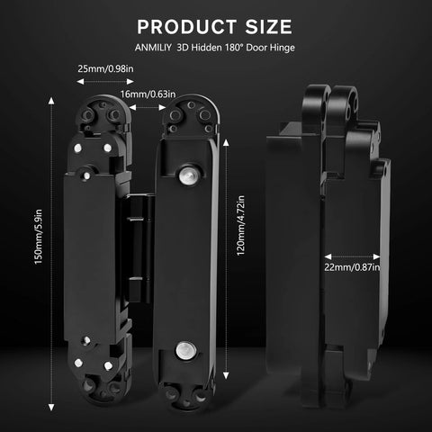 Hidden Door Hinge Set for Concealed Installations, Six Inch Two-Piece Hinges, Three-D Adjustable 180-Degree Swing, 88 Lb Load