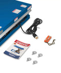 Heavy Duty Wireless Hydraulic Lift Table With 4400 Lbs Capacity, Big 51 Inch Platform, 41 Inch Rise Height, components shown including power cord and manual.
