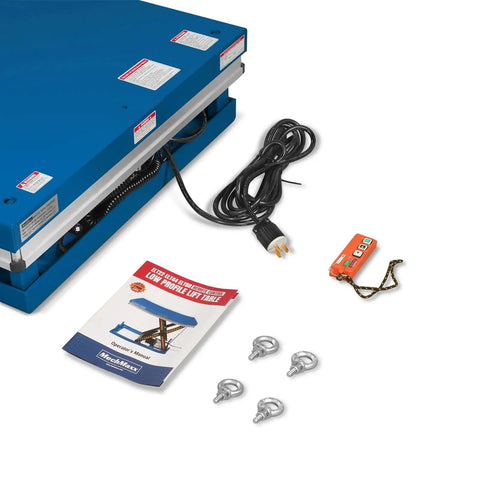 Heavy Duty Wireless Hydraulic Lift Table With 4400 Lbs Capacity, Big 51 Inch Platform, 41 Inch Rise Height, components shown including power cord and manual.