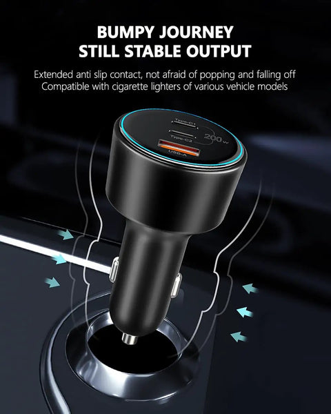 Top Shelf 200W Usb C Car Charger Featuring Dual 100W PD Ports For Super Fast Laptop And Phone Charging Includes Two Heavy Duty Usb C Cables For Your Daily Grind, installed in car outlet.