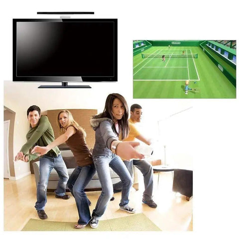People playing Wii tennis game in living room with 4 In 1 Wii Replacement Cables Set AC Power Adapter HDMI Converter Wired Motion Sensor Bar