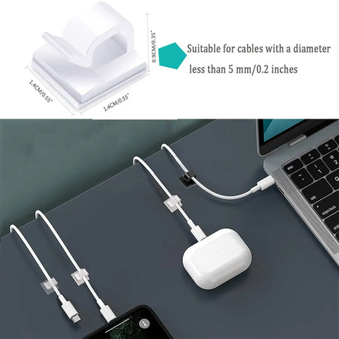60 Pack Clear Cable Clips With Heavy Duty Adhesive used for wire management on a desk, holding charging cables in place.