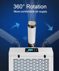 Heavy Duty Portable Air Conditioner With Three Slick Adjustable Nozzles For Workshops And Warehouses Featuring No Sweat Digital Remote Quick Chill Compressor Temp Fan Speed And Timer with 360° rotating air nozzle.