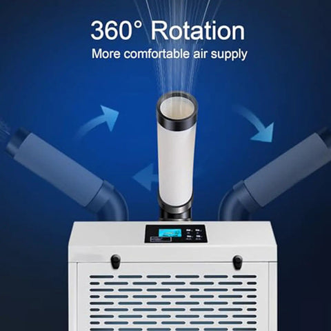Heavy Duty Portable Air Conditioner With Three Slick Adjustable Nozzles For Workshops And Warehouses Featuring No Sweat Digital Remote Quick Chill Compressor Temp Fan Speed And Timer with 360° rotating air nozzle.