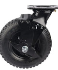 Tough As Nails Eight Inch Pneumatic Rubber Wheel With Flanged Track And Reliable Side Brake designed for hotel luggage carts, view of black wheel and brake.