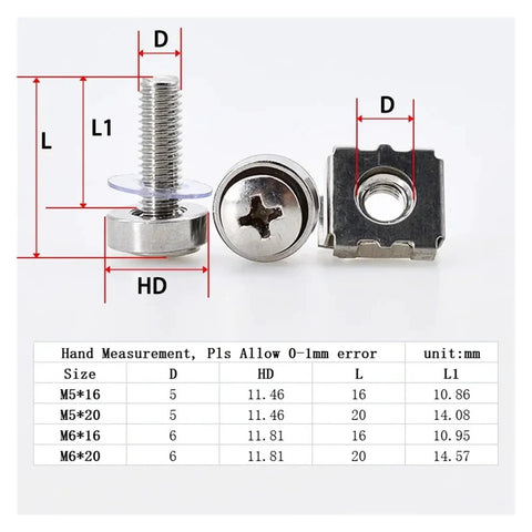 Stainless Steel Rack Mount Screw Nut Kit With Cage Nuts And Washers For Server Cabinets And Shelves 304 Grade M5 And M6 Screws
