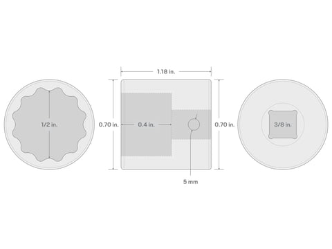 Technical diagram of Three Eighths Inch Drive To One Half Inch Shallow Twelve Point Impact Socket Built Tough With Laser Markings.