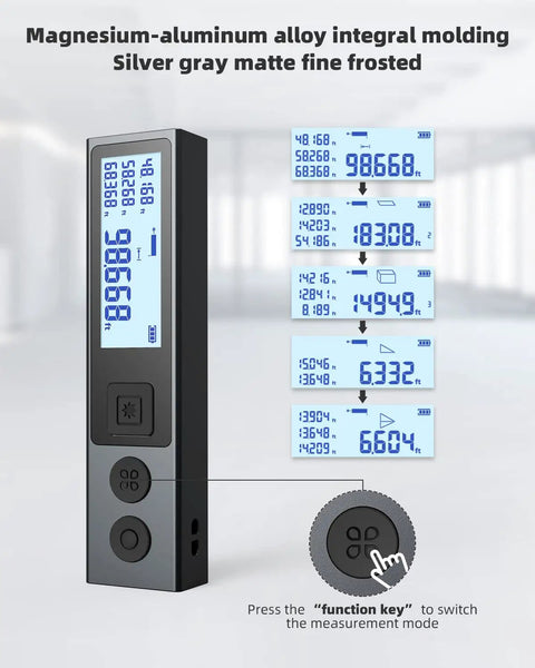 Pocket Size Laser Distance Meter With Alloy Housing, Rechargeable, Backlit Display showing measurement modes