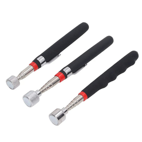 Handy Dandy Telescoping Magnetic Pickup Tool With 10 15 20 Lb Strength Retractable Pen Kit Made For Garage Garage Factory Jobs Featuring Soft Comfortable Grip Handle That Lets You Snag Nails Screws Bolts And More Without Bending Over Or Getting Dirty. 3 telescoping magnetic pickup pens with black grips and silver tips