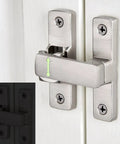 Heavy Duty Luminous Barn Door Latch With Built In Night Light 90 Degree Sliding Lock mounted on white door, showing snap on bracket.