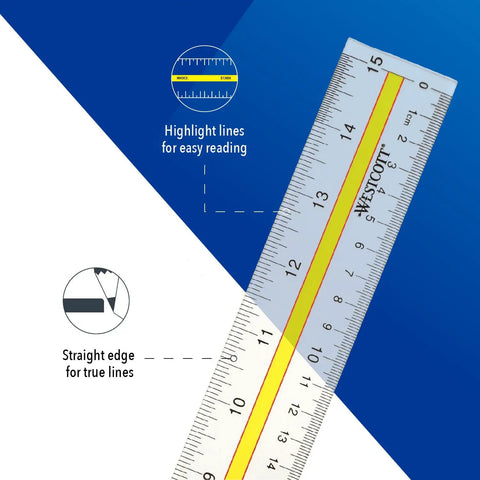 Clean 15 Inch Clear Acrylic Reading Ruler With Tinted Guide For Studying And Drafting Dual Scale Imperial Metric Focus Tool That Straight Up Fixes Eye Strain showing highlighted lines and straight edge for measuring.