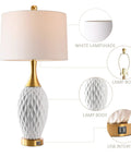 Ceramic Table Lamp With USB Port And Touch Control, wave geometric design, white shade, gold base, 29.5 inches tall, no assembly.