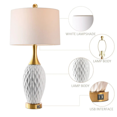 Ceramic Table Lamp With USB Port And Touch Control, wave geometric design, white shade, gold base, 29.5 inches tall, no assembly.