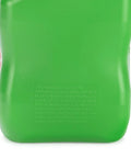 Rock Solid Heavy Duty 5.5 Gallon Square Storage Jugs Green Three Pack With Battery Powered Pump side view showing safety warnings.