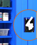Close-up of Heavy Duty Steel Tool Cabinet With Secure Lock Drawer showing lock mechanism and shelves for garage organization.