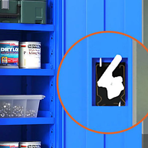 Close-up of Heavy Duty Steel Tool Cabinet With Secure Lock Drawer showing lock mechanism and shelves for garage organization.