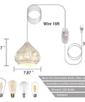Crystal Plug In Pendant Light With 16.4 Ft Swag Cord, white finish, shown with 8.27 inch height and 7.87 inch diameter
