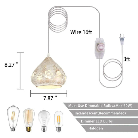 Crystal Plug In Pendant Light With 16.4 Ft Swag Cord, white finish, shown with 8.27 inch height and 7.87 inch diameter