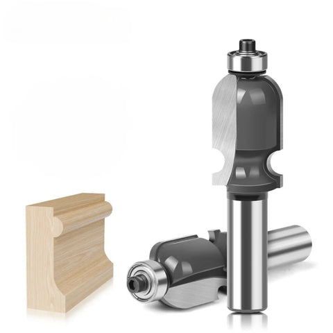 Get Your Hands On This 1/2 Inch Shank Architectural Molding Router Bit For Smooth Flush Trimming Of Laminate and Veneer With Precision Face Milling Perfection Every Single Time For Serious Woodworking Pros Who Demand Flawless Edges, shown with wood sample.