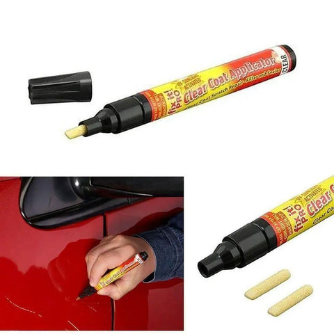 Clear Coat Scratch Repair Filler And Sealer Painting Pen For Cars Easy Light Scratch Fix All Vehicle Finishes Car Coat Applicator Tool Not For Deep Scratches, with pen, cap, and sponge applicator tips shown in use on red car surface.