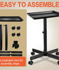 Height Adjustable Rolling Salon Tray on Wheels with Multi Level Height Range from 28 to 44 Inches, showing assembly parts and wheels