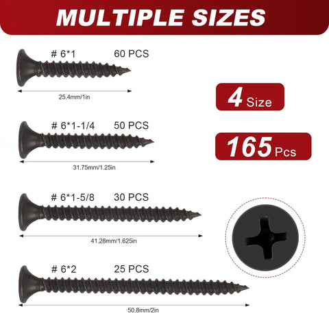No Brainer Number 6 Drywall Screw Assortment Kit Packing 165 Pieces Across Four Handy Lengths displayed in different sizes.