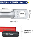 Heavy Duty Beefed Up Tinned Copper Battery Lugs Set For 4 AWG Wire Ends With Five Sixteenth Inch Ring Terminals And Ten Pieces Three To One Adhesive Heat Shrink Tubing Durable Cable Ends Kit image showing dimensions and tubing.