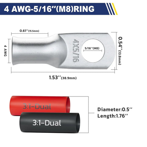 Heavy Duty Beefed Up Tinned Copper Battery Lugs Set For 4 AWG Wire Ends With Five Sixteenth Inch Ring Terminals And Ten Pieces Three To One Adhesive Heat Shrink Tubing Durable Cable Ends Kit image showing dimensions and tubing.