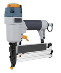 Pro-Grade Pneumatic Nail Gun And Powered T50 Air Brad Nailer with ergonomic grip for carpentry and flooring, silver gray body.