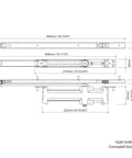 Technical drawing of concealed door closer for heavy duty doors up to 88lbs, non handed, sleek low profile hidden behind frame.