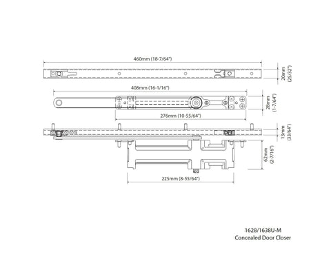 Technical drawing of concealed door closer for heavy duty doors up to 88lbs, non handed, sleek low profile hidden behind frame.